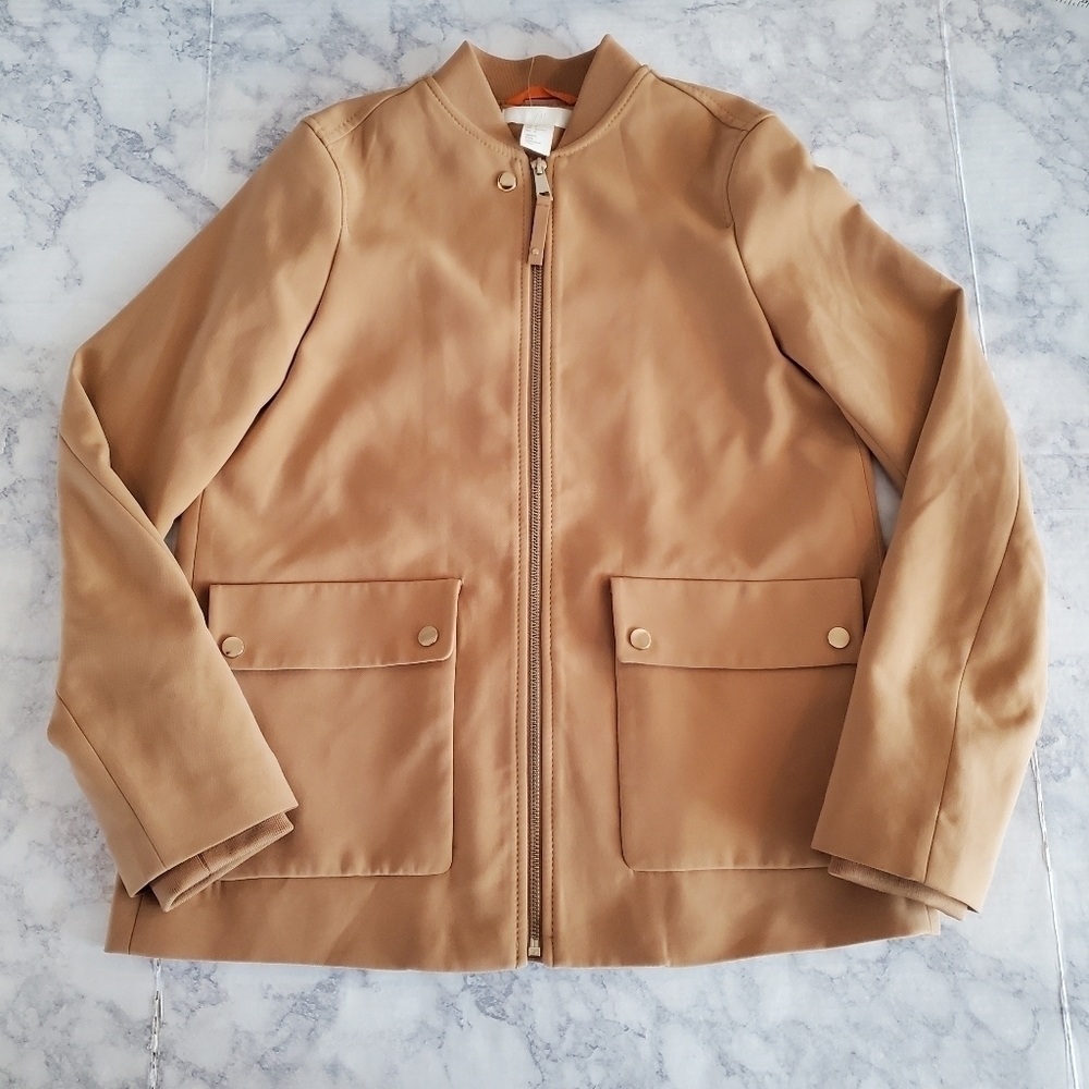 H&m Jacket Womens 4 Tan Full Zip Utility Snap Pockets Minimalist Neutral